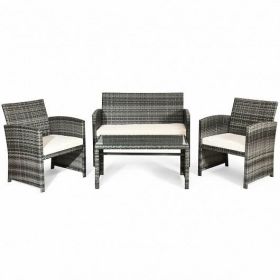 4 Pcs Patio Rattan Furniture Set Top Sofa With Glass Table-White