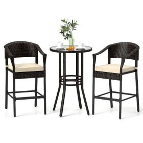3-Piece Patio Rattan Bar Set with Tempered Glass Top for Backyard Poolside-Brown