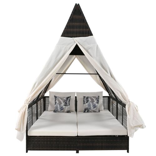 Outdoor Daybed With Adjustable Backrest And Curtains, Double Sun Lounger Outdoor Daybed With Adjustable Backrest And Curtains, Double Sun Lounger
