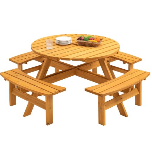 8 Person Wooden Picnic Table Outdoor Camping With 4 Built-in Benches