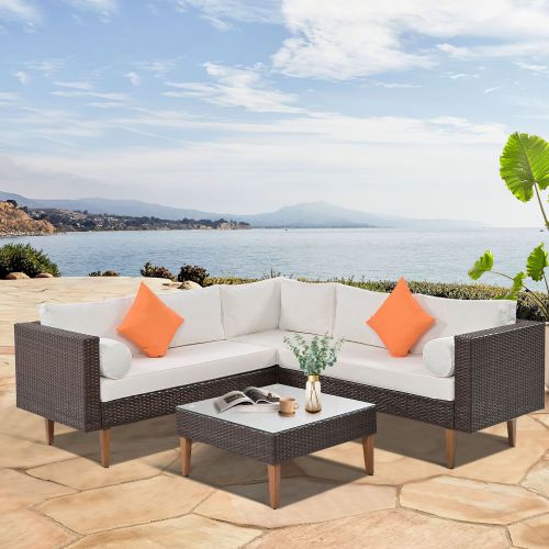 4-pieces Outdoor Wicker Sofa Set; Patio Furniture with Colorful Pillows; L-shape sofa set; Beige cushions and Brown Rattan 4-pieces Outdoor Wicker Sofa Set; Patio Furniture with Colorful Pillows; L-shape sofa set; Beige cushions and Brown Rattan